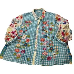 John Mark 3X Embroidered Gingham Floral Blouse 3/4 Sleeve Boho Top